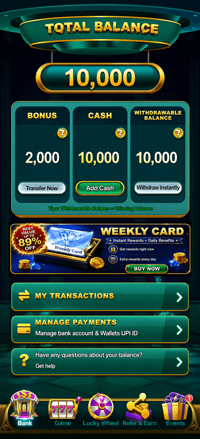 Yono Game app wallet showing balance and UPI payment management